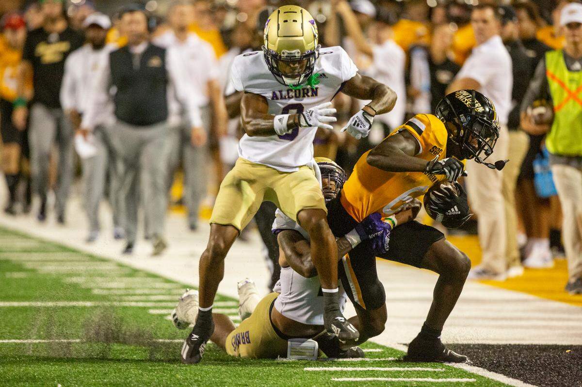 Southern Miss Golden Eagles wide receiver Latreal Jones (6) gets tackled during a Southern Miss game at M.M. Roberts Stadium in Hattiesburg on Saturday, Sept. 2, 2023.