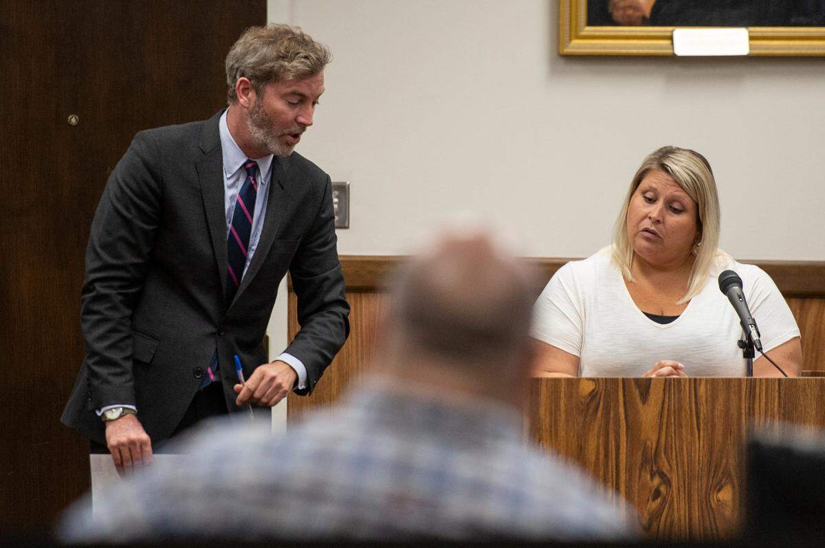 Defense attorney Philip Wittman questions witness Rebecca Wright during the murder trial in which Jeremy Childress is accused of murdering Michelle Hester in Harrison County Court in Gulfport on Wednesday, June 21, 2023.