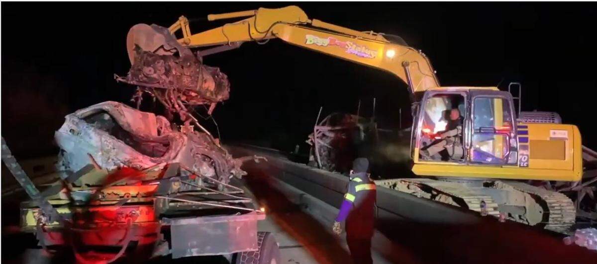 Heavy equipment was brought in to clear I-10 near the Louisiana border after a tractor trailer carrying cars crashed and the cars caught on fire on Jan. 11, 2022. The bridge has been down to one land traffic since and now will be repaired.