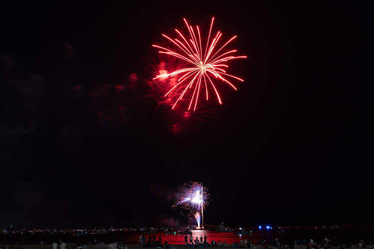 Fireworks are shot into the air during the annual show over the Mississippi Sound on Saturday, July 4, 2026.