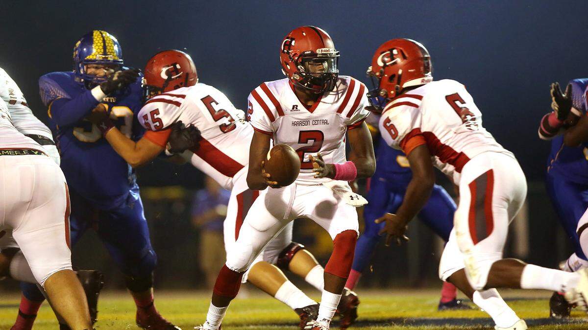 AMANDA MCCOY/SUN HERALD 
 Harrison Central quarterback Tavis Williams (2) and running back Keon Moore (6) will have their work cut out for them Friday against a tough Gulfport squad that boasts one of the Coast's top defenses.
