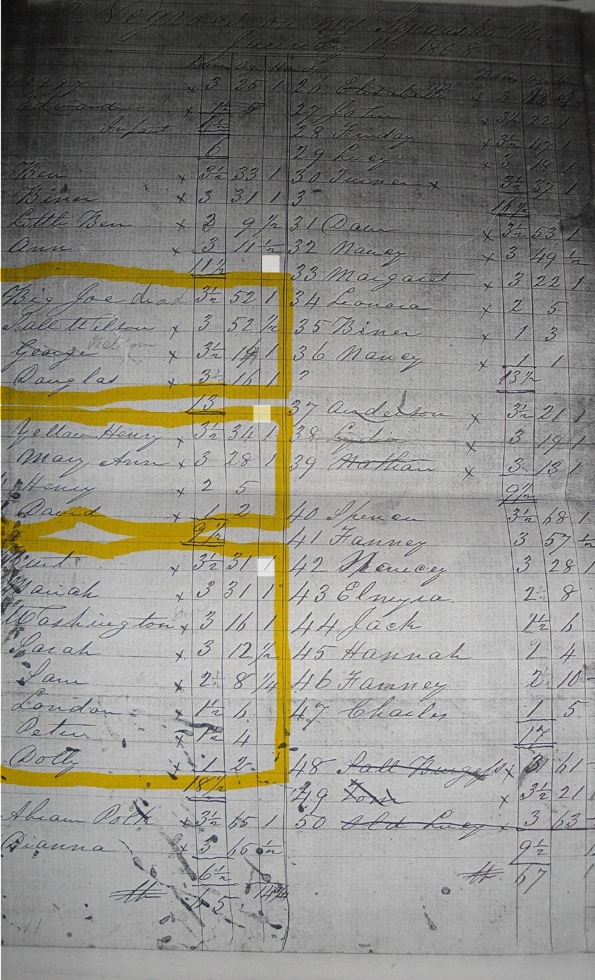 This 1858 slave registry lists some of Brenda Beal’s enslaved ancestors, including Sarah Wilson (”Sall Wilson” here) and Mariah Chambers. Most slave registries list only enslaved people’s ages and genders, not their names, so this document is unusually useful.