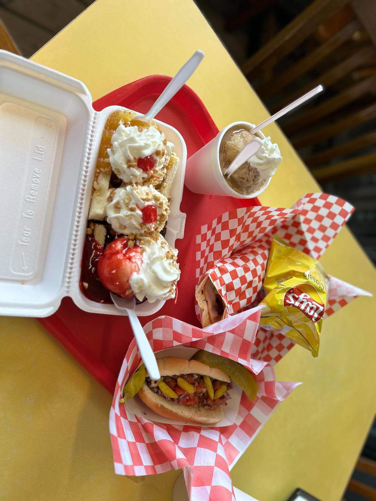 The old-fashioned banana split and Chicago dog from Ms. Mary’s Old Town Snoballs.