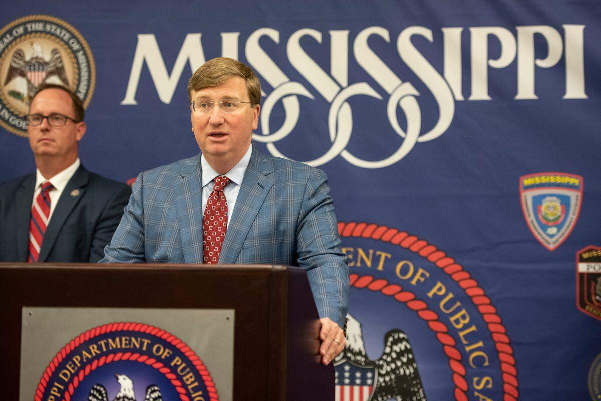 Mississippi Gov. Tate Reeves speaks to the press during a press conference on drug crime at Mississippi Bureau of Investigation offices in Biloxi on Wednesday, May 11, 2022.