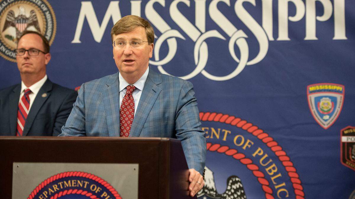 Mississippi Gov. Tate Reeves speaks to the press during a news conference on drug crime at Mississippi Bureau of Investigation offices in Biloxi in 2022.