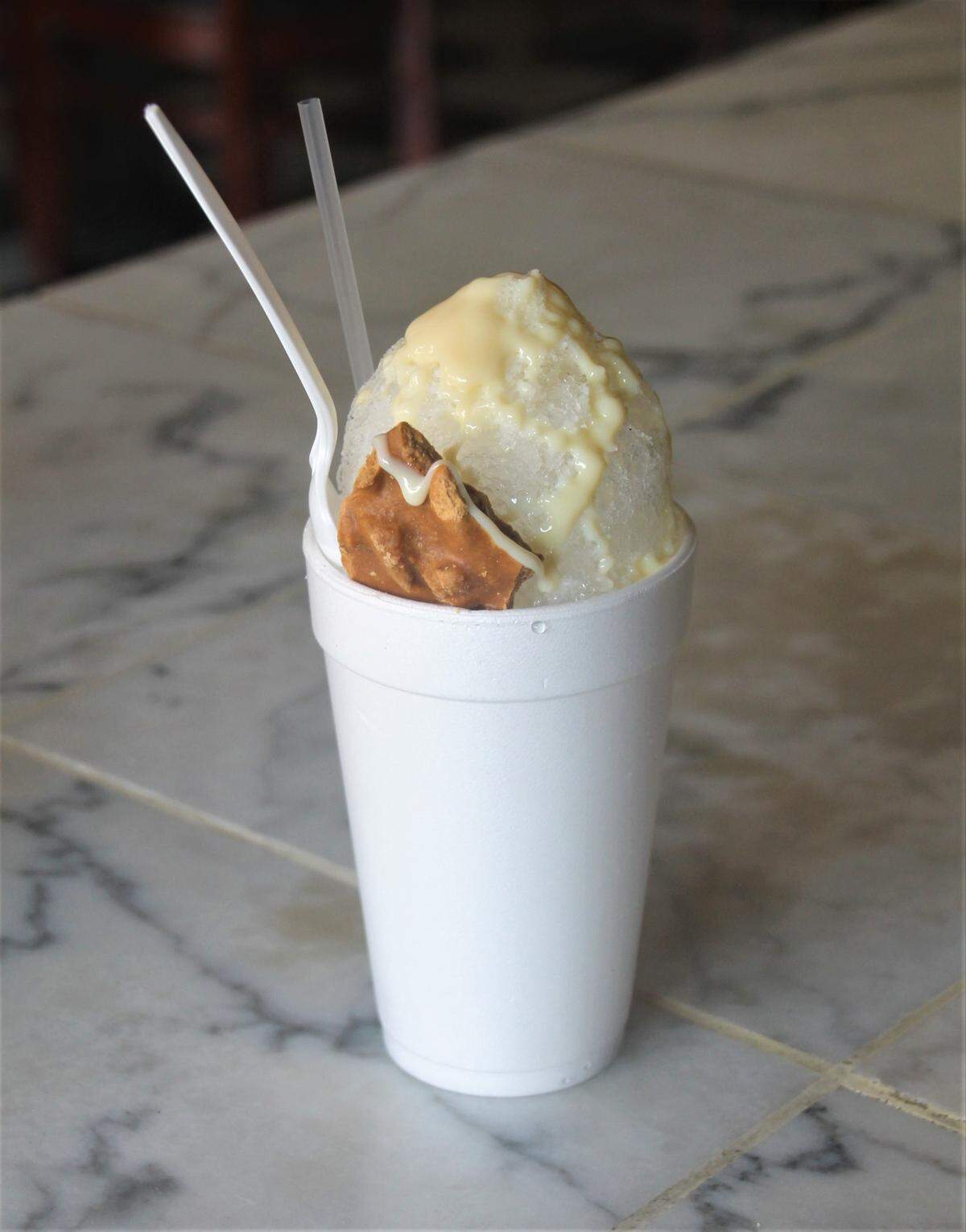 The praline wedding cake sno-ball at Temptations Food & Spirits in downtown Biloxi.