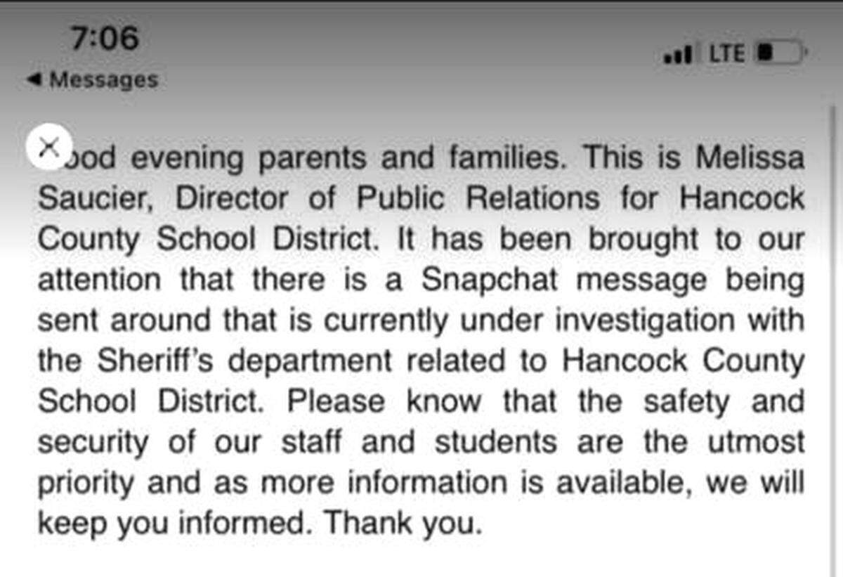 A screenshot of the social media message posted by Hancock County School District after threatening post was made on Snapchat