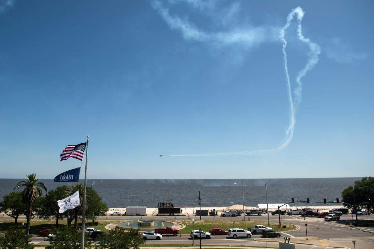 Airplanes pass over Biloxi Beach during a practice for the Thunder Over the Sound airshow on Friday, April 28, 2023.