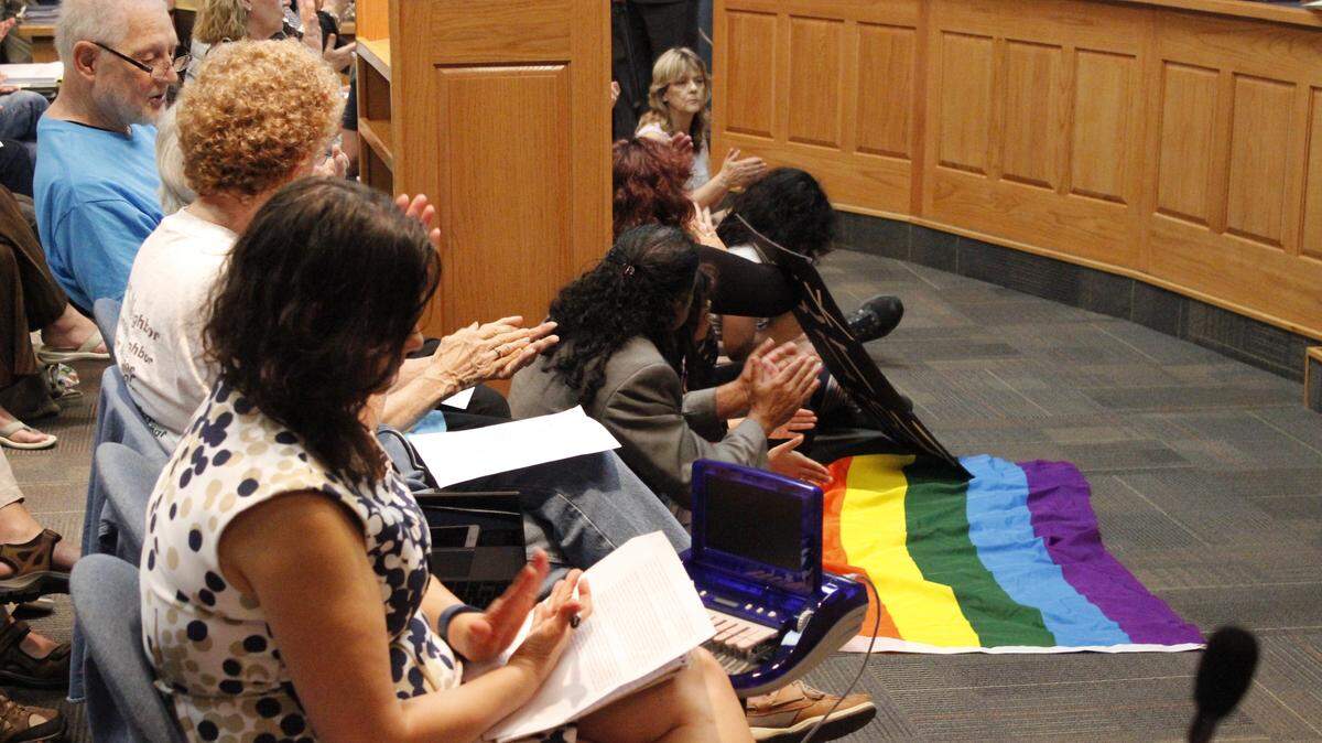 WES MULLER/SUN HERALD 
 Supporters of an LGBT resolution proposed by the Bay St. Louis City Council pack the council chambers at Tuesday night's meeting.