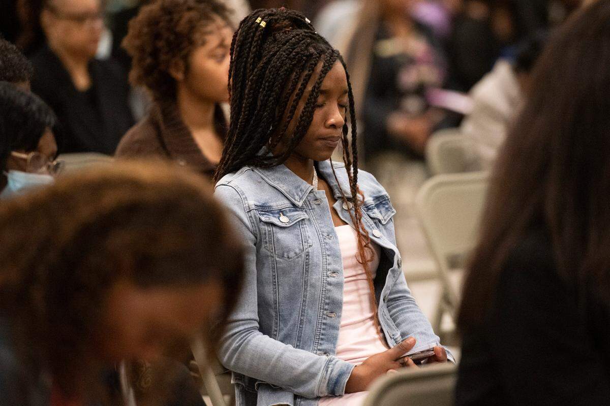 A mourner reacts during the funeral of Ni’Kyra Dedeaux at Lyman Community Center in Gulfport on Friday, Jan. 10, 2025. Dedeaux was killed in an alleged terrorist attack on Bourbon Street in New Orleans on Jan. 1.