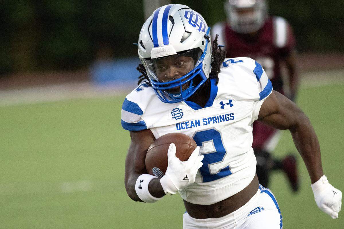 Ocean Springs running back Sharroid Whitehead (2) runs with the ball during a football game at Picayune Memorial High School on Friday, Sept. 19, 2025.  Ocean Springs won the game 56-42.