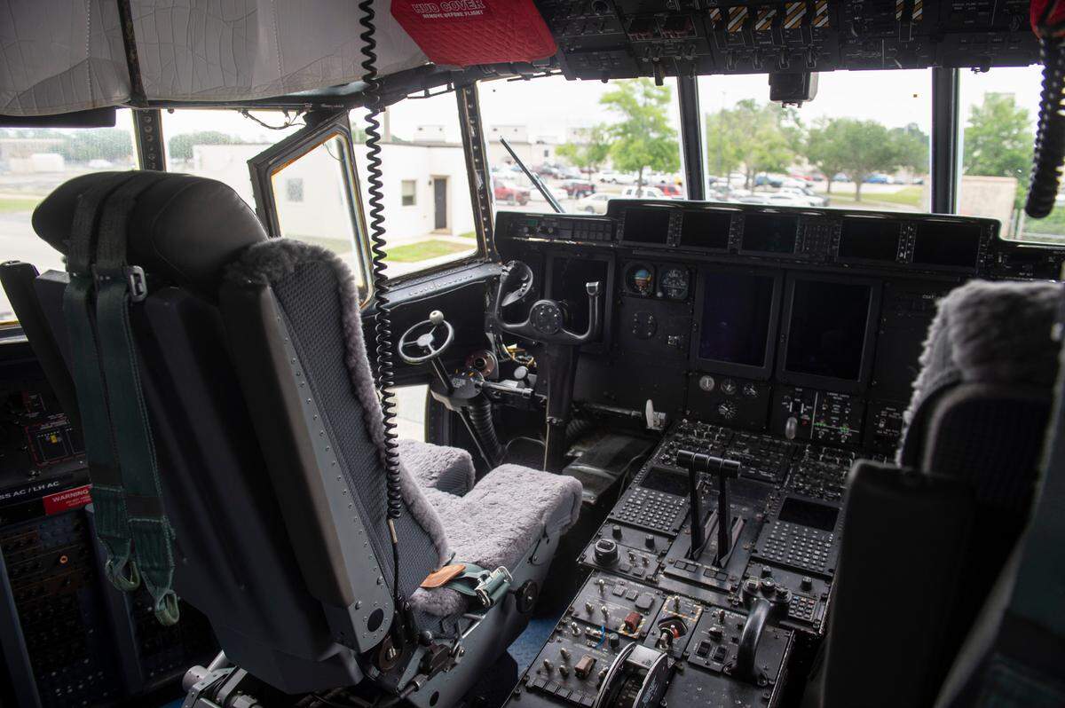 The cockpit of a C-130 used by the Hurricane Hunters during a media day at Keesler Air Force Base on Tuesday, May 6, 2025. Hurricane Hunters fly the C-130 directly into hurricanes to measure weather data around the storms.