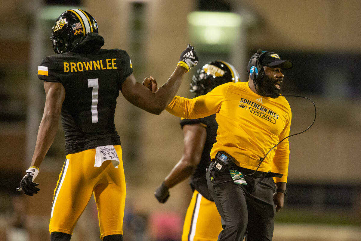 Southern Miss Golden Eagles wide receiver Jason Brownlee (1) celebrates after scoring a touchdown during a game against Arkansas State at M.M. Roberts Stadium in Hattiesburg on Saturday, Oct. 15, 2022.