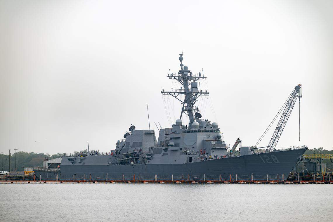 Destroyer DDG 128 floats on the water at Ingalls Shipbuilding on Wednesday, Jan. 7, 2026.