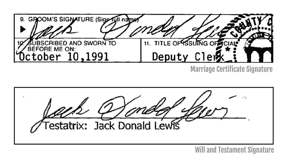Handwriting expert Thomas Vastrick said that the signature on Don Lewis’ will was traced from his marriage certificate.