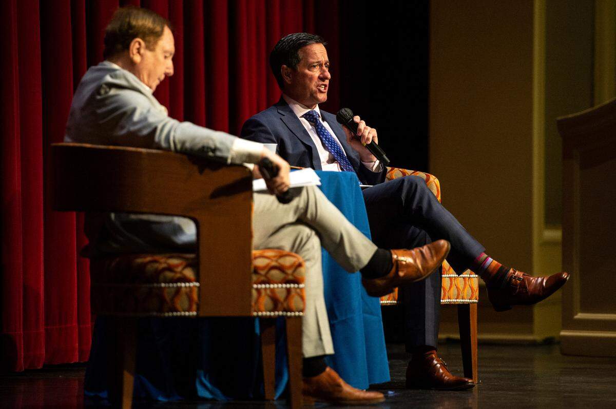 Bill Miller, president and CEO of the American Gaming Association, right, speaks with Larry Gregory, executive director of Mississippi Gaming and Hospitality Associatio,n during the Southern Gaming Summit at the Beau Rivage in Biloxi on Wednesday, May 4, 2022.