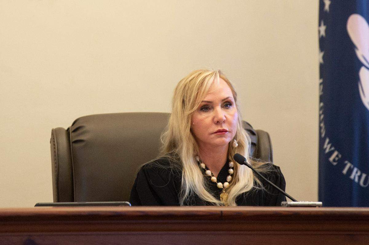 Judge Jennifer Schloegel presides over a court hearing for Ben Taylor’s case against DHS at Hancock County Chancery Court in Bay St. Louis on Monday, Sept. 12, 2022.