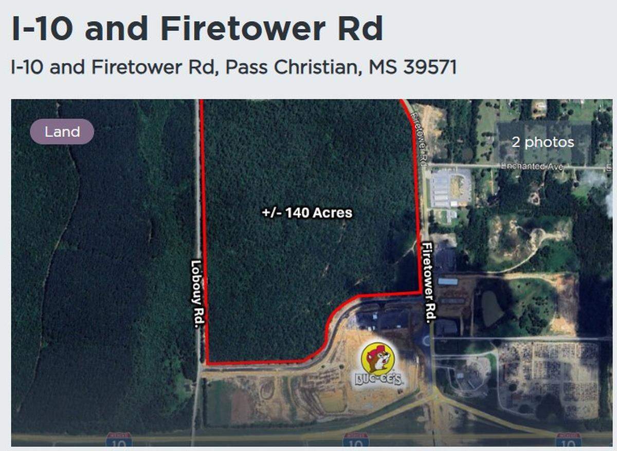 This map shows 140 acres of land immediately north of the new Buc-ee’s travel center in Harrison County. To the right of Firetower Road is a new shopping center that was built.