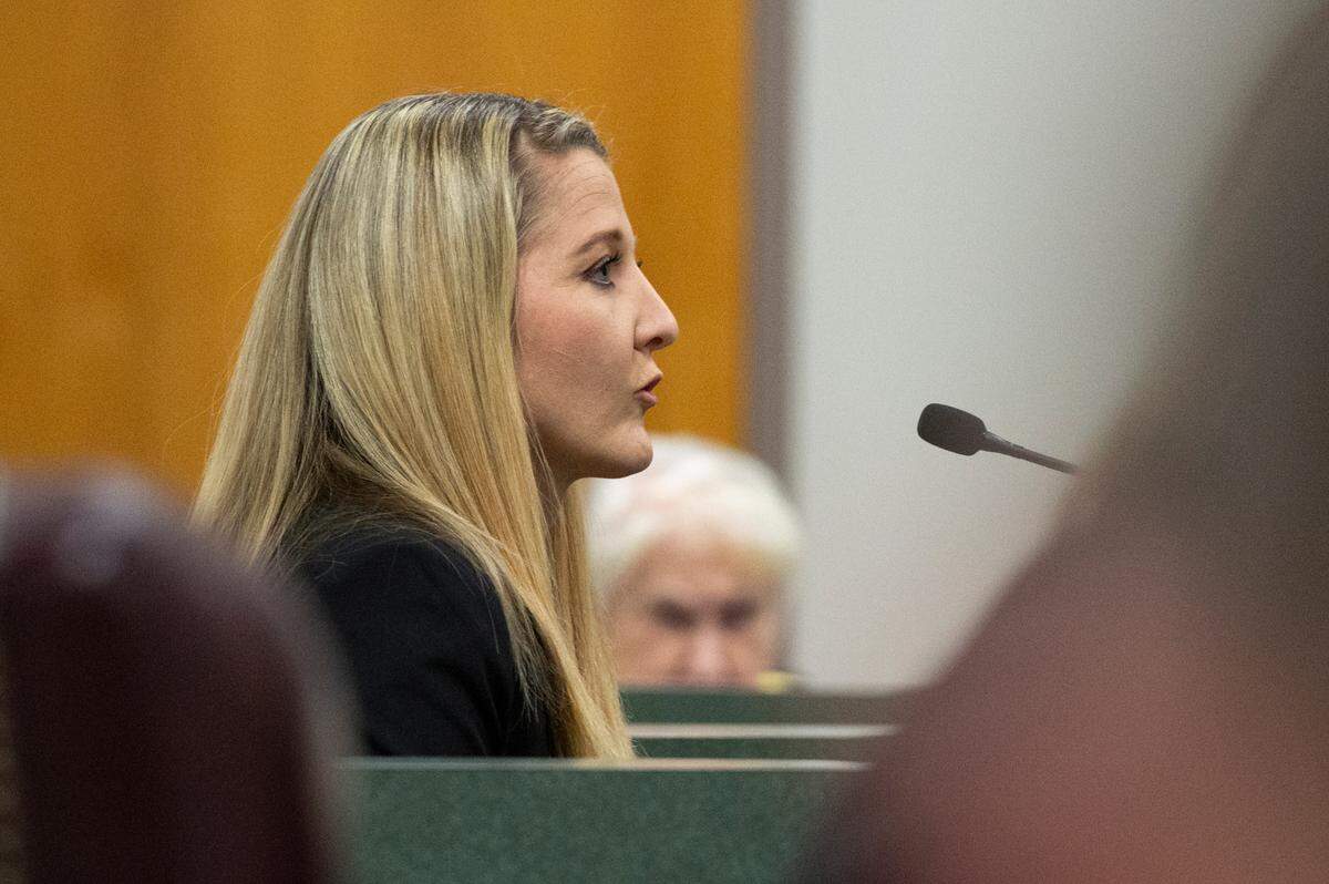 Investigator Kristen Johnson answers questions on the witness stand during a probable cause hearing for James Hawkins in Jackson County Circuit Court in Pascagoula on Tuesday, Dec. 5, 2023.