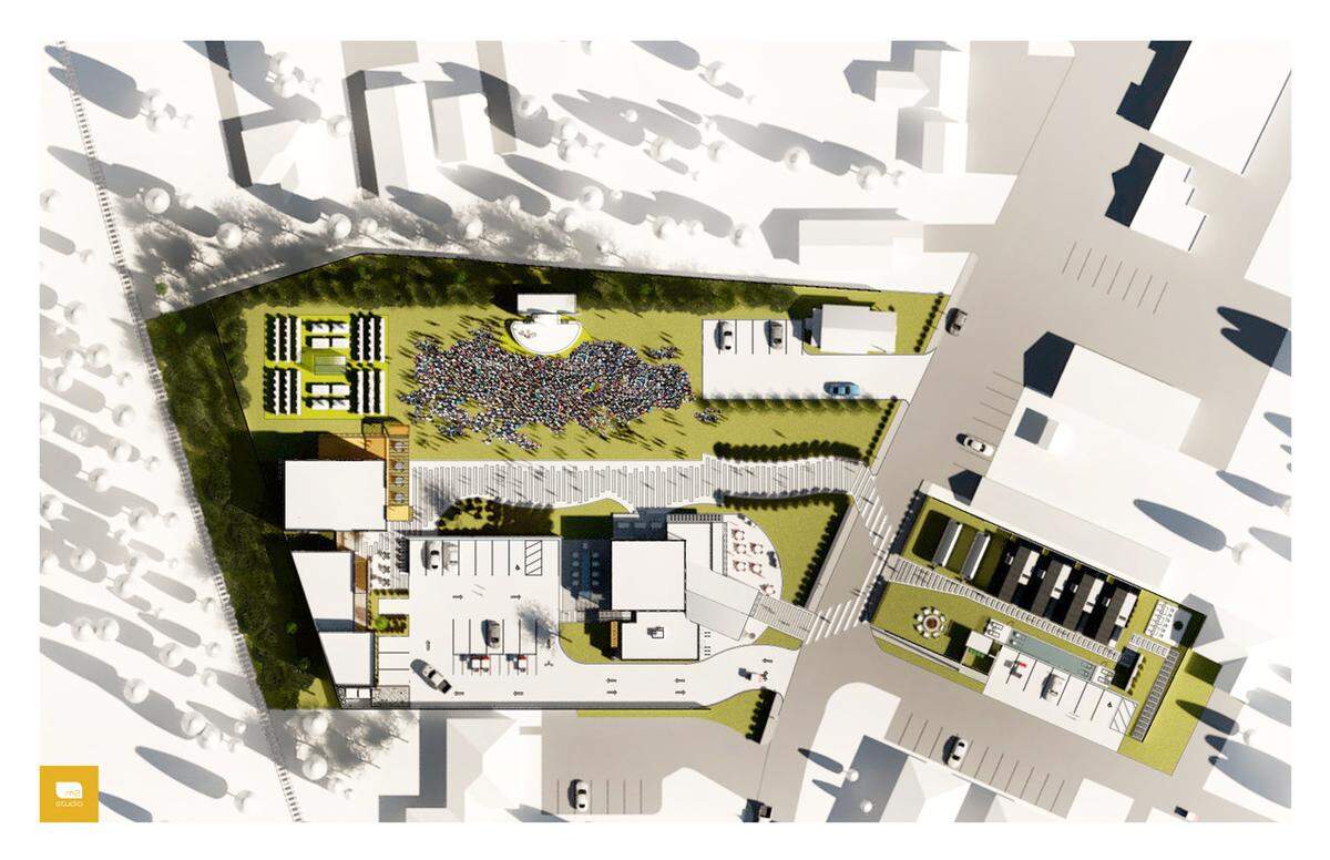 Plans for The Collective on Porter Avenue in Ocean Springs show the buildings and public space that will be part of this development. To the right is Hotel Beatnik and on the other side of the street is the new building that houses a fitness center and real estate company, plus new construction coming for a book store and restaurant.
