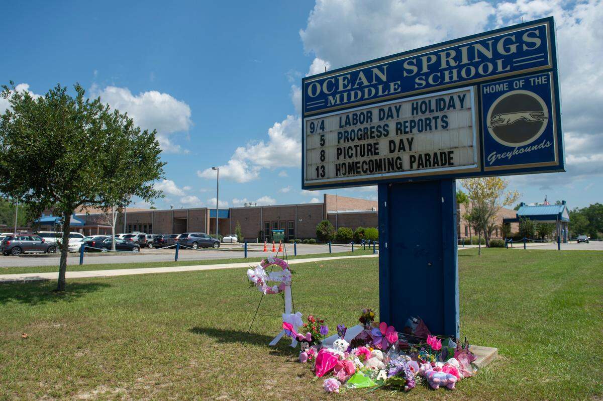 Flowers and toys are left outside the Ocean Springs Middle School in Ocean Springs on Thursday, Sept. 7, 2023. The tributes honored 13-year-old Aubreigh Wyatt, who died unexpectedly last week.