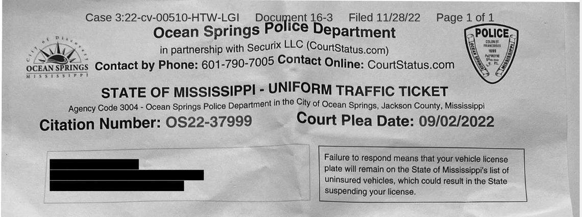 An uninsured motorist citation issued by Securix LLC and included as an exhibit in a federal lawsuit.