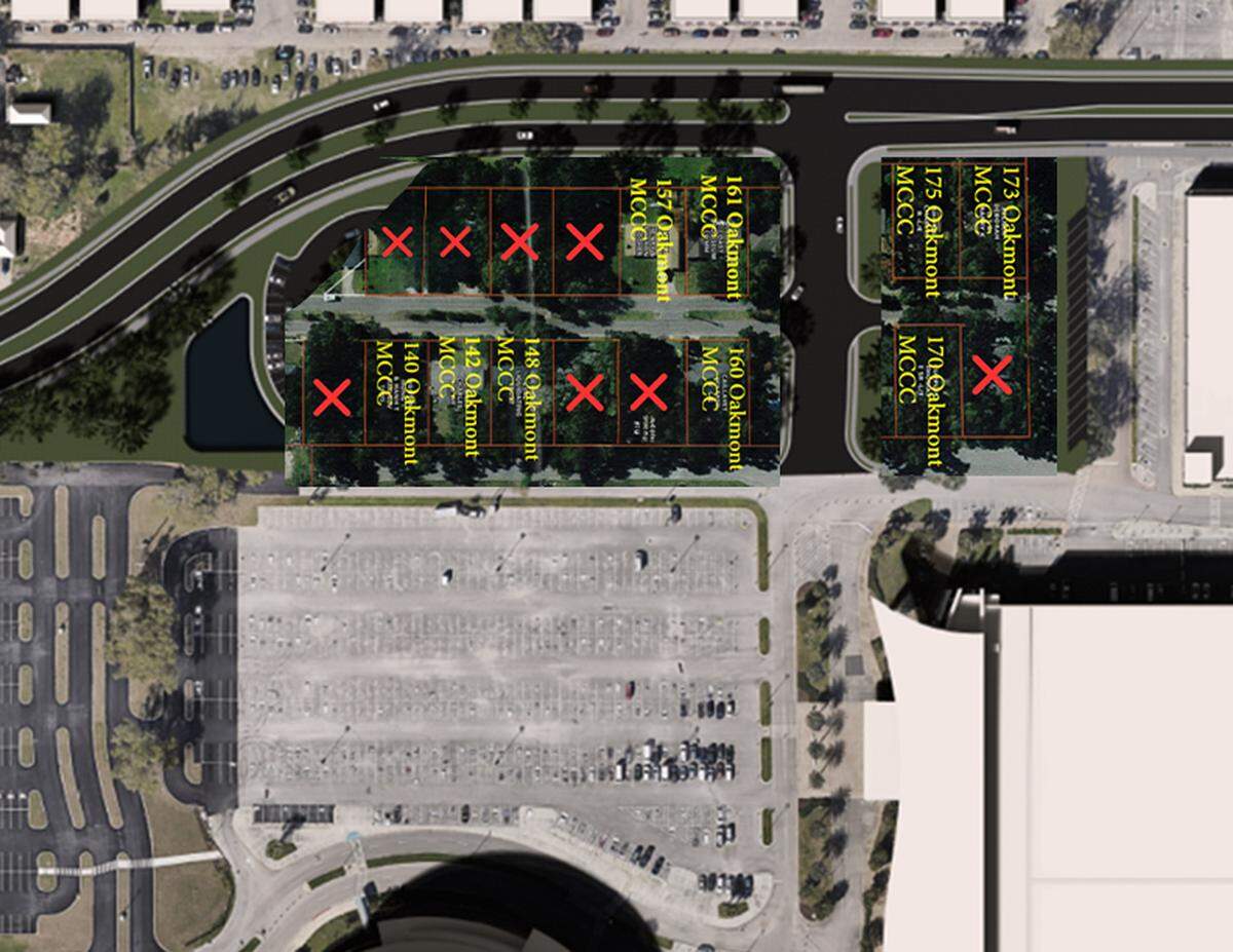 The Popp’s Ferry Road extension is shown at the top of this graphic, with the north end of Oakmont Place pictured just below.. The red ‘Xs’ represent property the Mississippi Coast Coliseum and Convention Center hopes to buy on Oakmont as it expands parking. The coliseum has bought the nine lots with street addresses in yellow print.