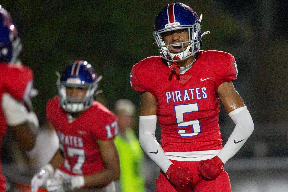 Pass Christian’s Lathan Lewis reacts after a play during a game between Pass Christian and St. Stanislaus at Francis McDonald Stadium in Pass Christian on Friday, Sept. 20, 2024.