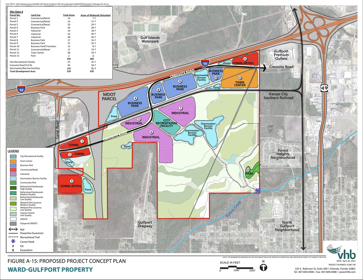 This 2015 map on file with the Mississippi Department of Environmental Quality shows one of numerous developments Louisiana’s Ward family has proposed over the years for about 1,300 acres south of Interstate 10 and west of Gulfport Premium Outlets. Nearby residents have long opposed development of the acreage, which is mostly wetlands that absorb stormwater and filter pollution.