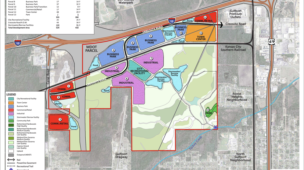 This 2015 map on file with the Mississippi Department of Environmental Quality shows one of numerous developments Louisiana’s Ward family has proposed over the years for about 1,300 acres south of Interstate 10 and west of Gulfport Premium Outlets. Nearby residents have long opposed development of the acreage, which is mostly wetlands that absorb stormwater and filter pollution.