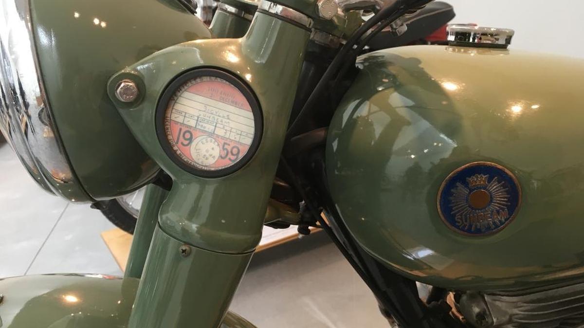 This 1950 Sunbeam S7 Deluxe still has its 1959 registration. The British motorcycle is part of the The Wind in Your Hair: Vintage Motorcycles exhibition at the Ohr-O’Keefe Museum of Art in Biloxi.