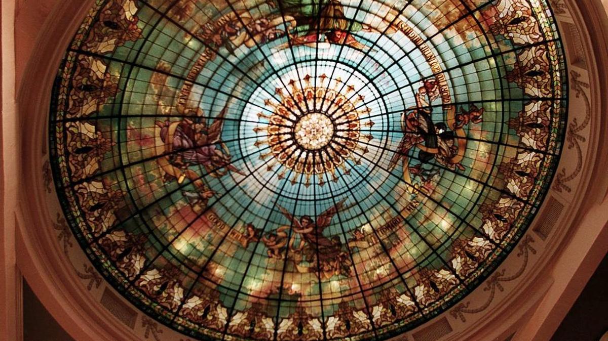 A stained glass dome highlights the ceiling of the First Untied Methodist Church in downtown Gulfport.