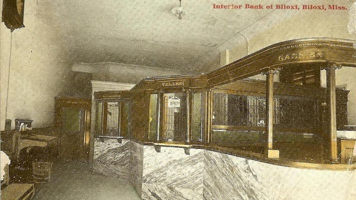 This circa 1915 postcard features the interior of the Bank of Biloxi, which was reputed to be the first bank on the Mississippi Coast and the first in Biloxi.