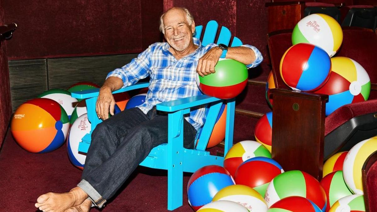 Jimmy Buffett with promotional beach balls at the Marquis Theater, where ‘Escape to Margaritaville’ is scheduled to open in New York.