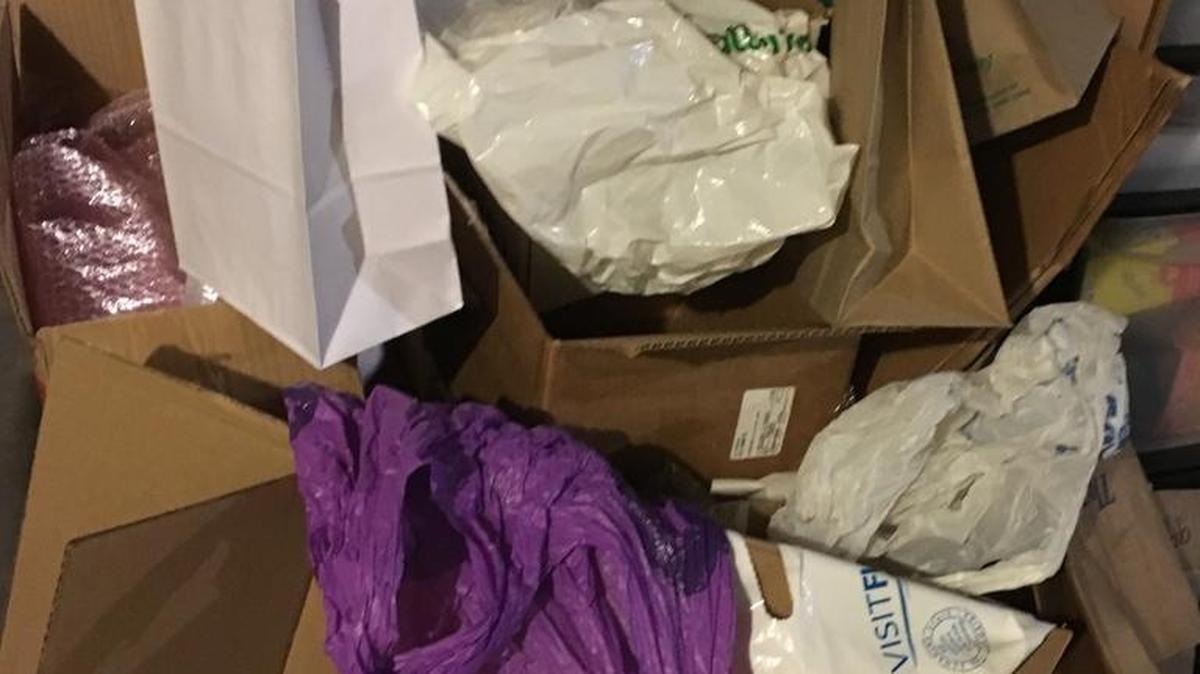 Today’s ‘convenient’ home deliveries from Internet shopping can creates a mountain of cardboard boxes and packing materials that join giveaway store shopping bags.