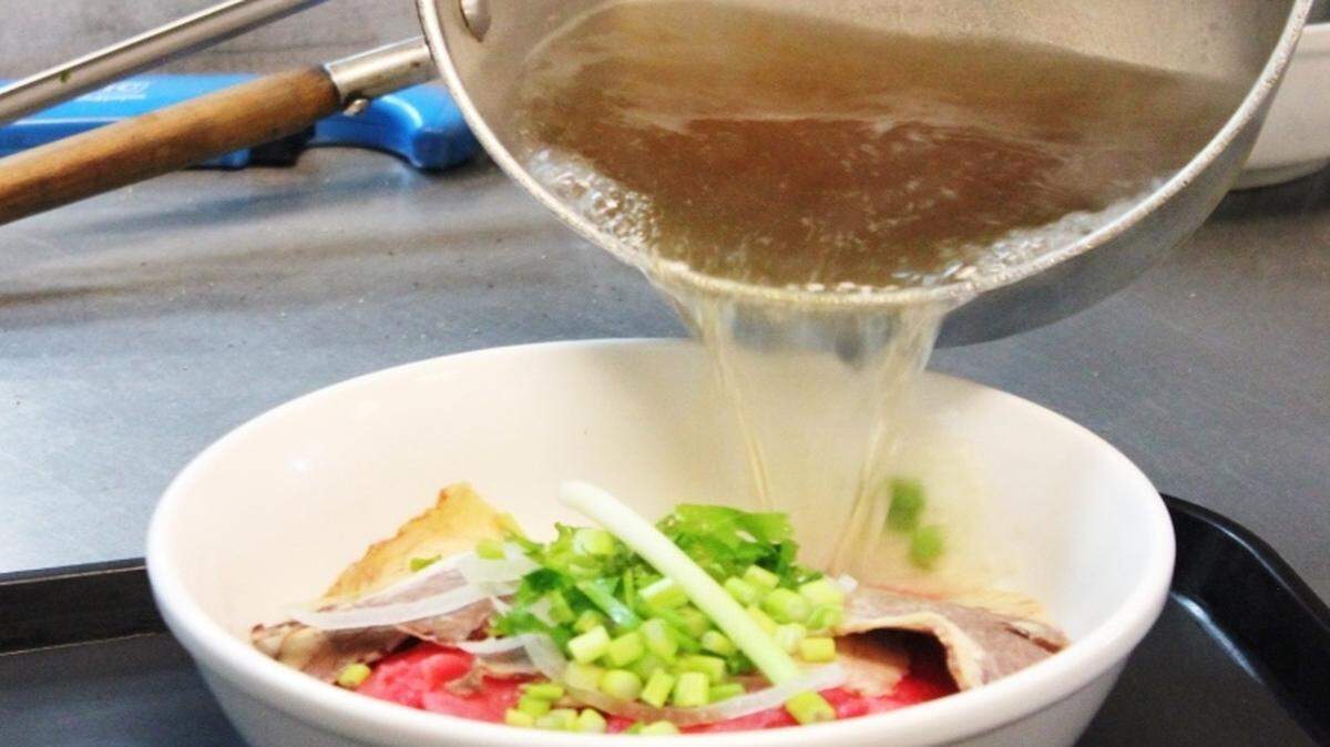 Pho is served steaming hot.
