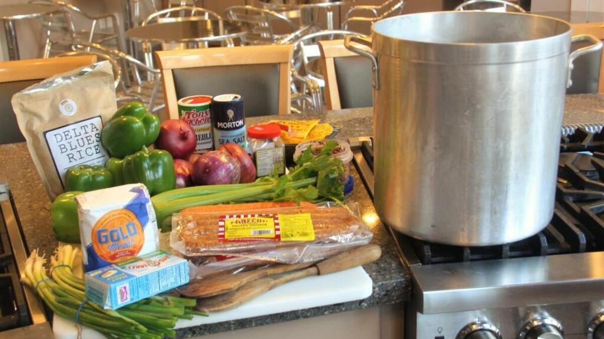 All the things that go into a good gumbo organized and ready to go.