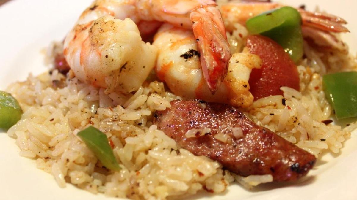 Smoked sausage, shrimp and rice are a grand combination.