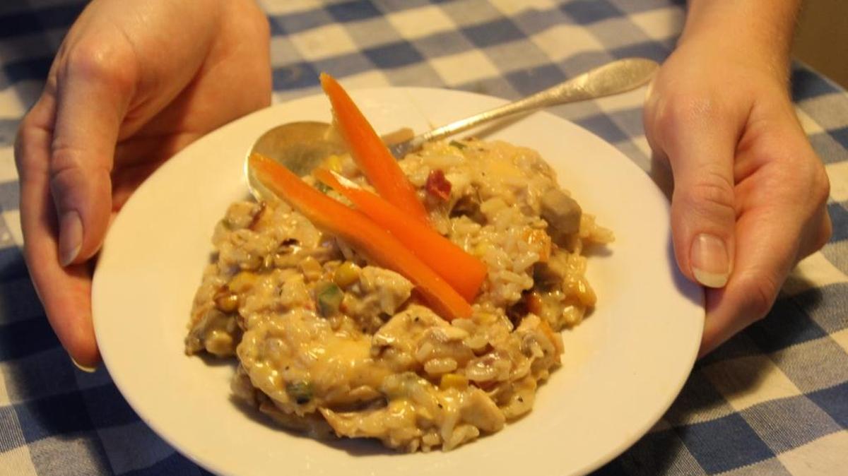 Cheesy chicken and rice is surprisingly delicious.