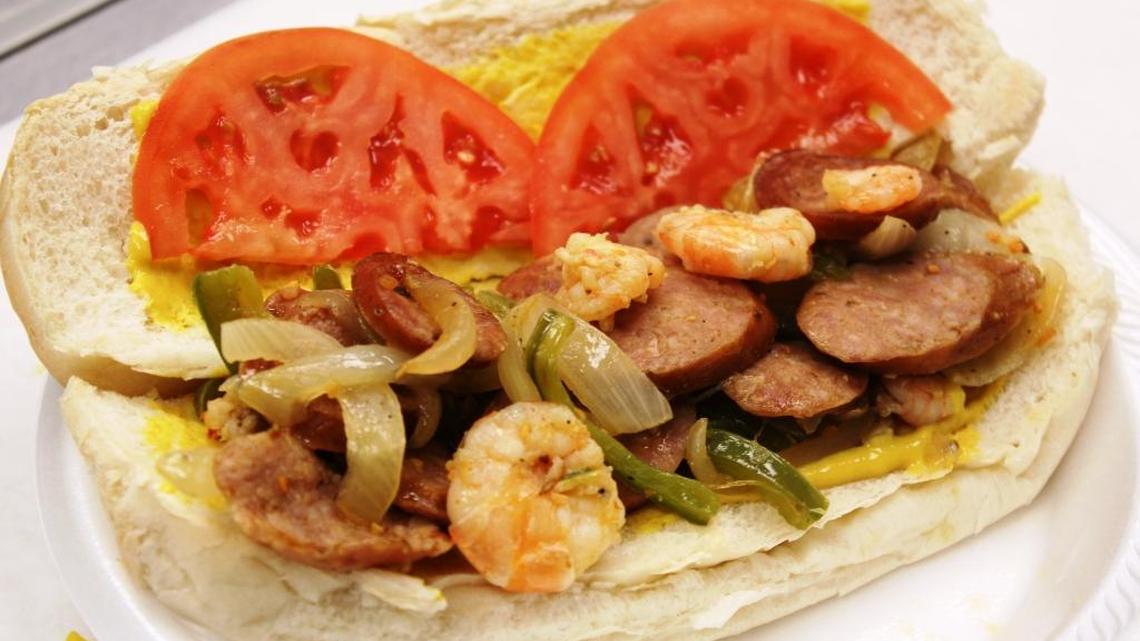 Shrimp and sausage po-boy served at Desporte & Sons Market & Deli. Check out the recipe with the story.