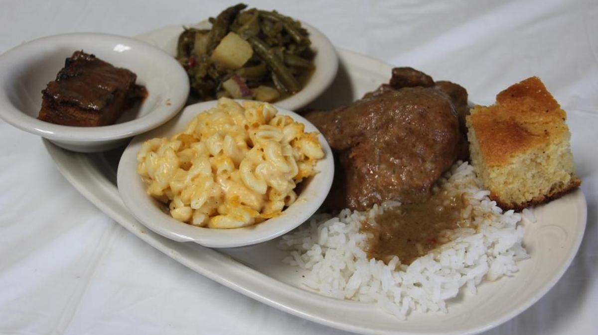 Nana J’s baked chicken special is a classic example of Southern soul food.