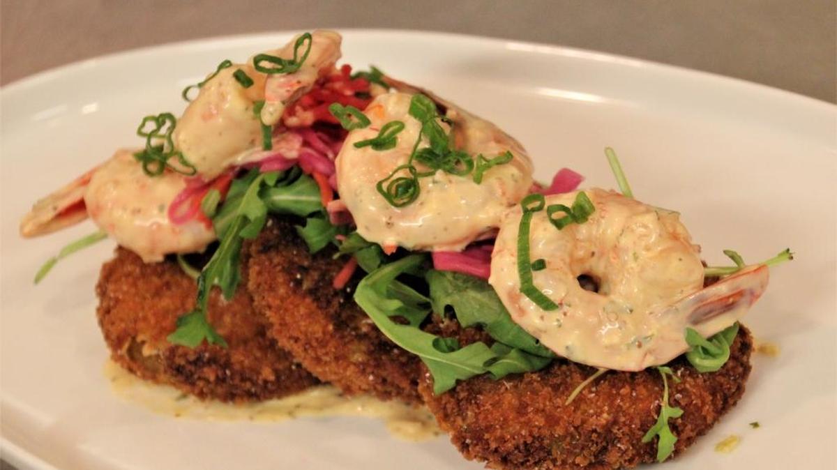 Deep fried eggplant is amazingly flavorful and the shrimp and remoulade sauce make it even better.