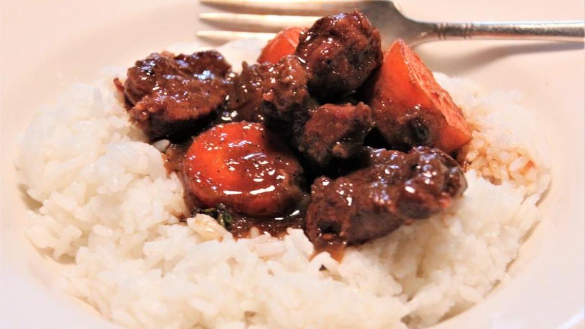 Beef stew and white rice are a favorite combination