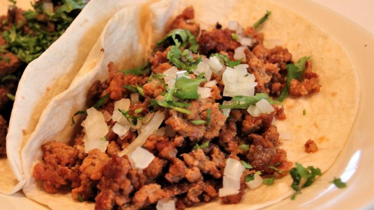A taco filled with well spiced ground beef is the most common taco sold.
