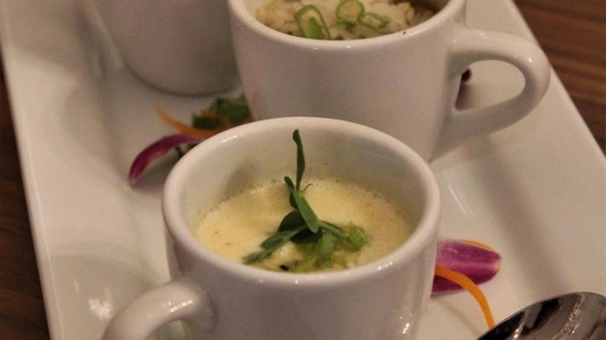 A great combination of gumbo and crab and corn bisque served side by side, from Cora’s.