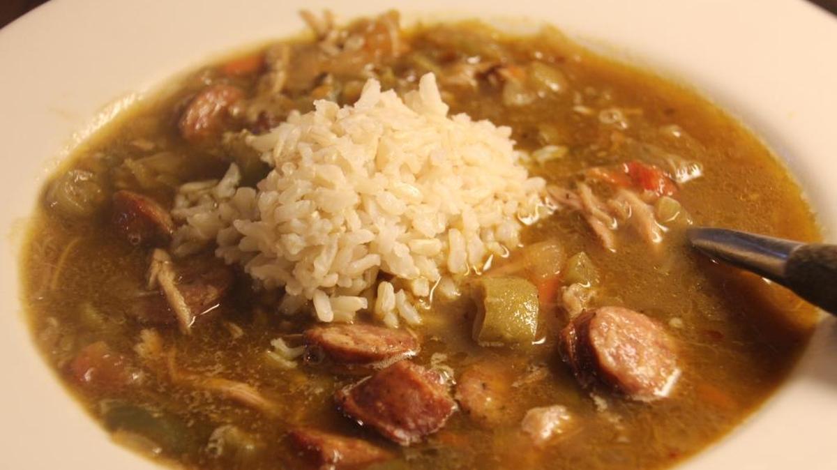Chicken and sausage gumbo is delicious.
