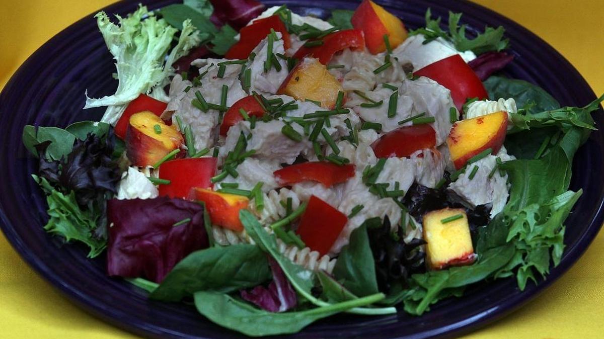 Try a Mediterranean pasta salad, like this, a variation on the Mediterranean Pasta Caesar, included here. This one has chicken and peaches.