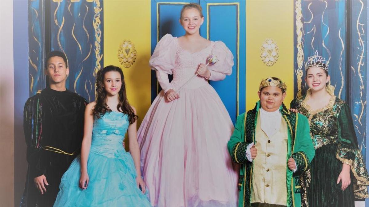 Devon Kay as Prince Charming, Isabella Pendleton as Cinderella, Sidney Grove as the Fairy Godmother, Ian Davis as the King and Annie Goodman as the Queen.