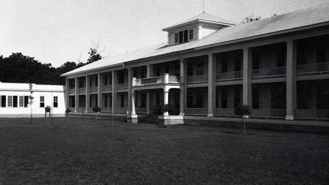 This picture shows the replanting of the great oak trees that been destroyed when the original Anniston fell in the fire of 1913.