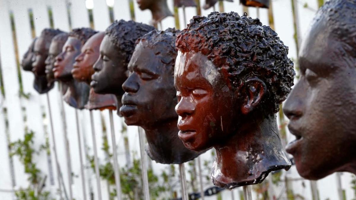 This July 14, 2017 photo shows a memorial by Woodrow Nash for the German Coast Uprising at the Whitney Plantation in Edgard, La. After the uprising, slaves who participated were tried and executed. Their heads were placed in public view along the Mississippi River, to serve as a warning to others.
